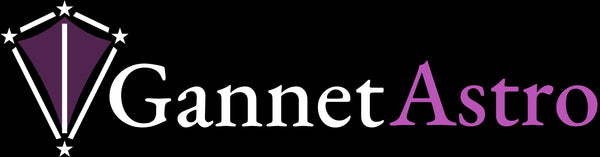 A logo on a black background featuring a stylized purple diamond with white stars and the text 'Gannet Astro' in white and purple.